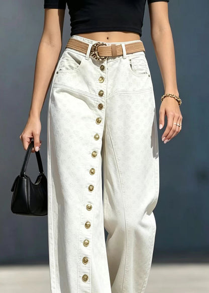 Fashion Beige Single Row Buttons High Waist Jacquard Denim Pants Fall