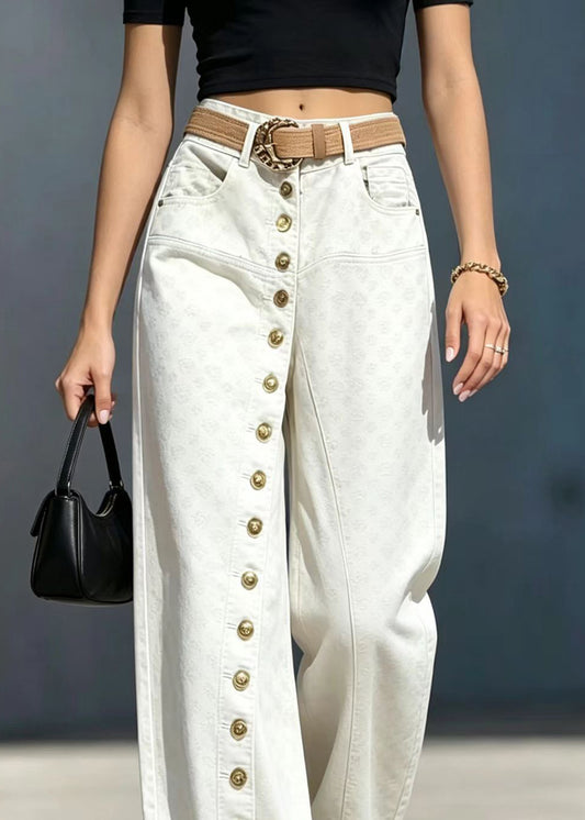 Fashion Beige Single Row Buttons High Waist Jacquard Denim Pants Fall