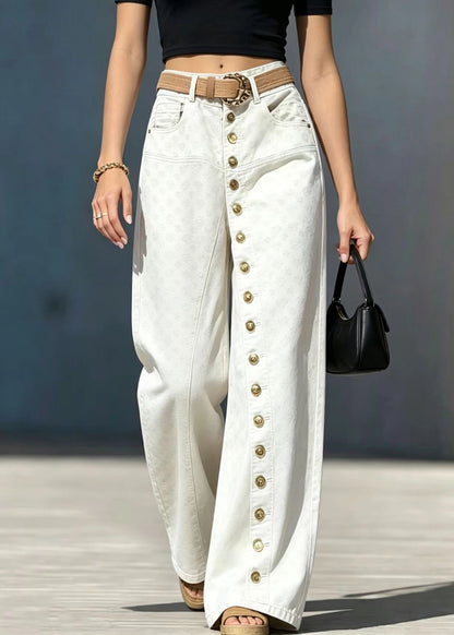 Fashion Beige Single Row Buttons High Waist Jacquard Denim Pants Fall