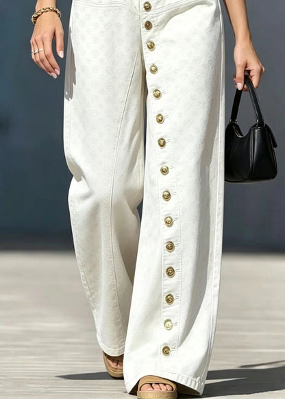 Fashion Beige Single Row Buttons High Waist Jacquard Denim Pants Fall