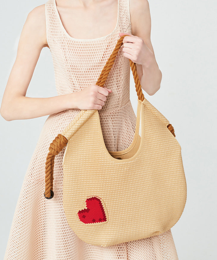 Fashion Beige Solid Durable Patchwork Love Woven Shoulder Bags