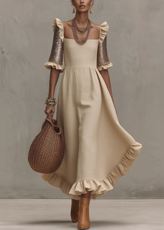 Fashion Beige Square Collar Ruffled Wrinkled Long Dress Summer
