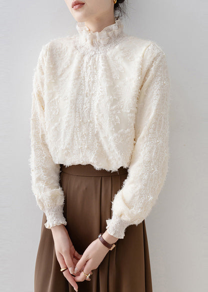 Fashion Beige Stand Collar Warm Fleece Blouse Tops Winter