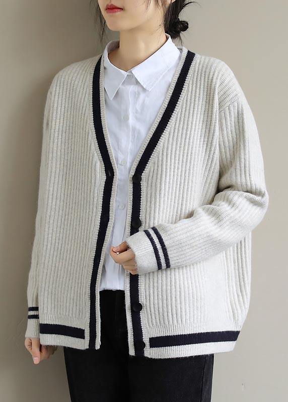 Fashion Beige Sweater Blouse V Neck Button Down Spring Sweaters - SooLinen