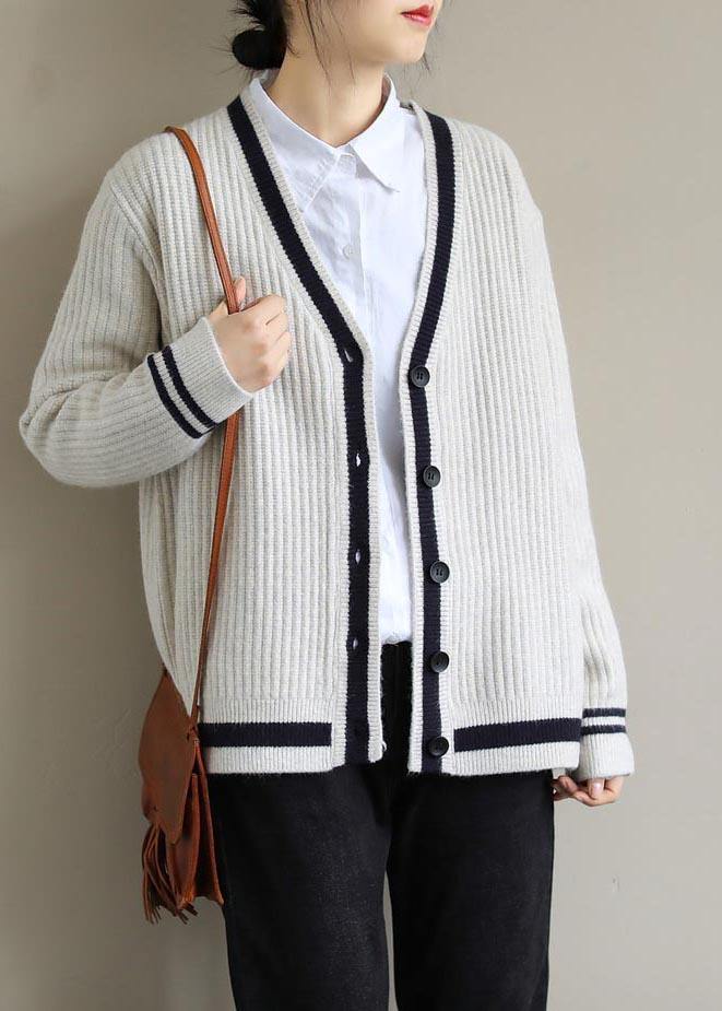 Fashion Beige Sweater Blouse V Neck Button Down Spring Sweaters - SooLinen