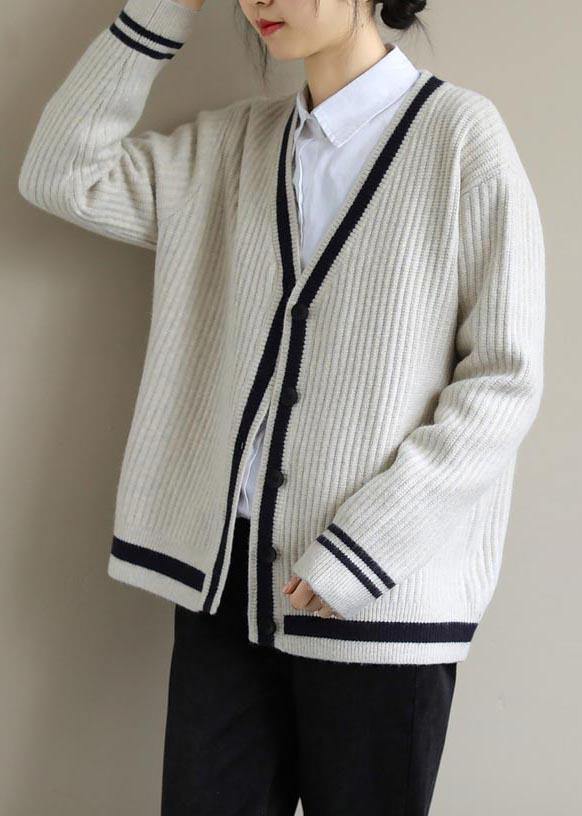 Fashion Beige Sweater Blouse V Neck Button Down Spring Sweaters - SooLinen