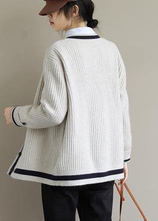 Fashion Beige Sweater Blouse V Neck Button Down Spring Sweaters - SooLinen