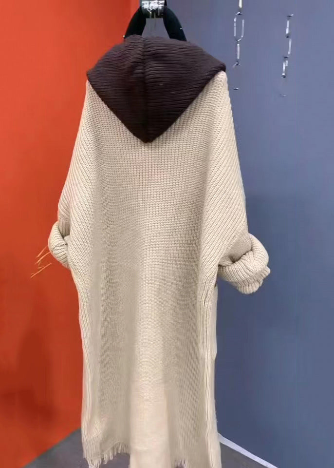 Fashion Beige Tasseled Patchwork Knit Hooded Coat Spring