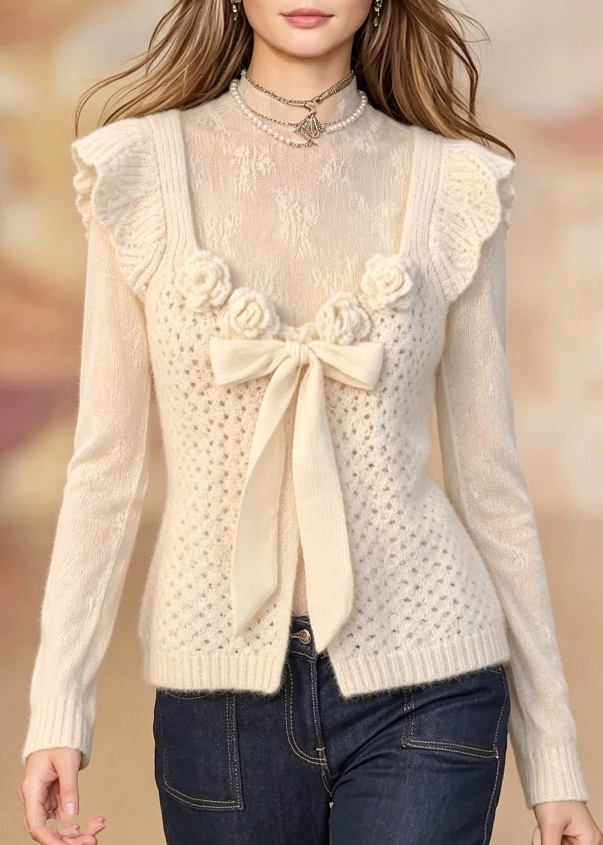 Fashion Beige U Neck Floral Bow Cotton Knit Waistcoat Fall
