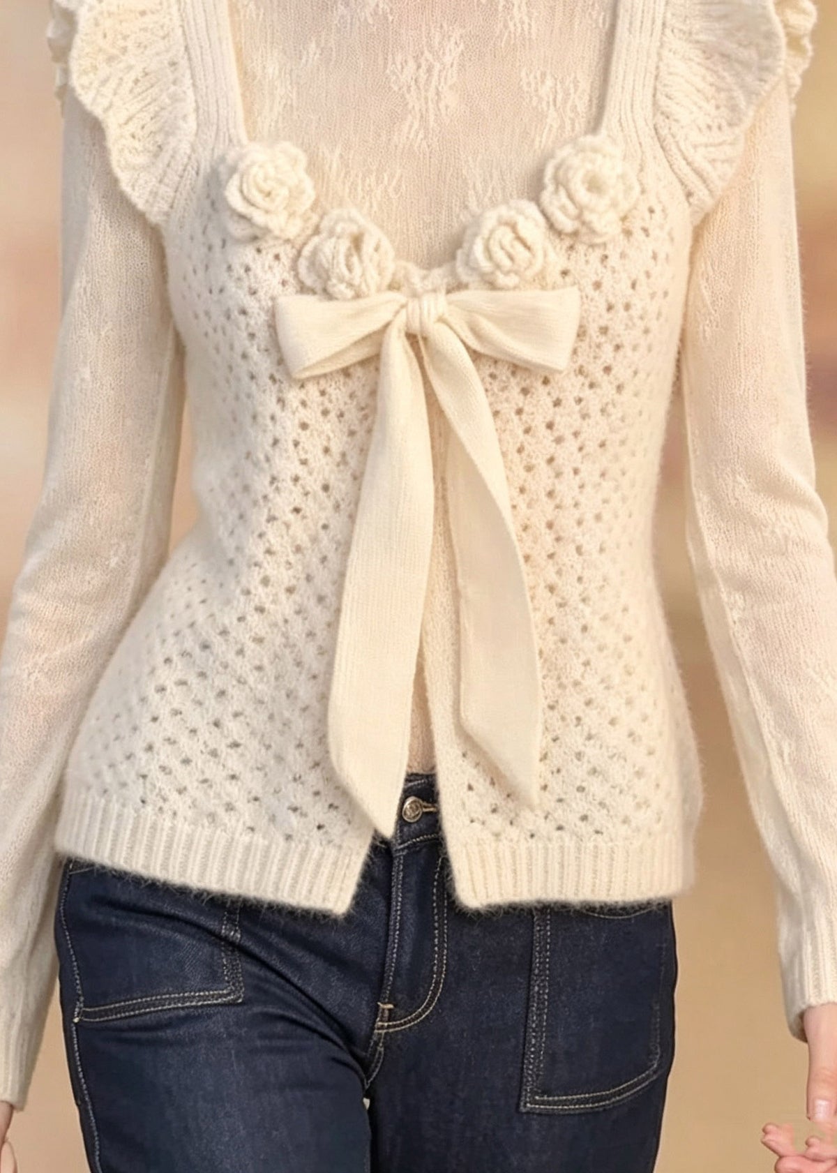 Fashion Beige U Neck Floral Bow Cotton Knit Waistcoat Fall