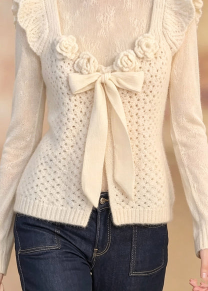 Fashion Beige U Neck Floral Bow Cotton Knit Waistcoat Fall