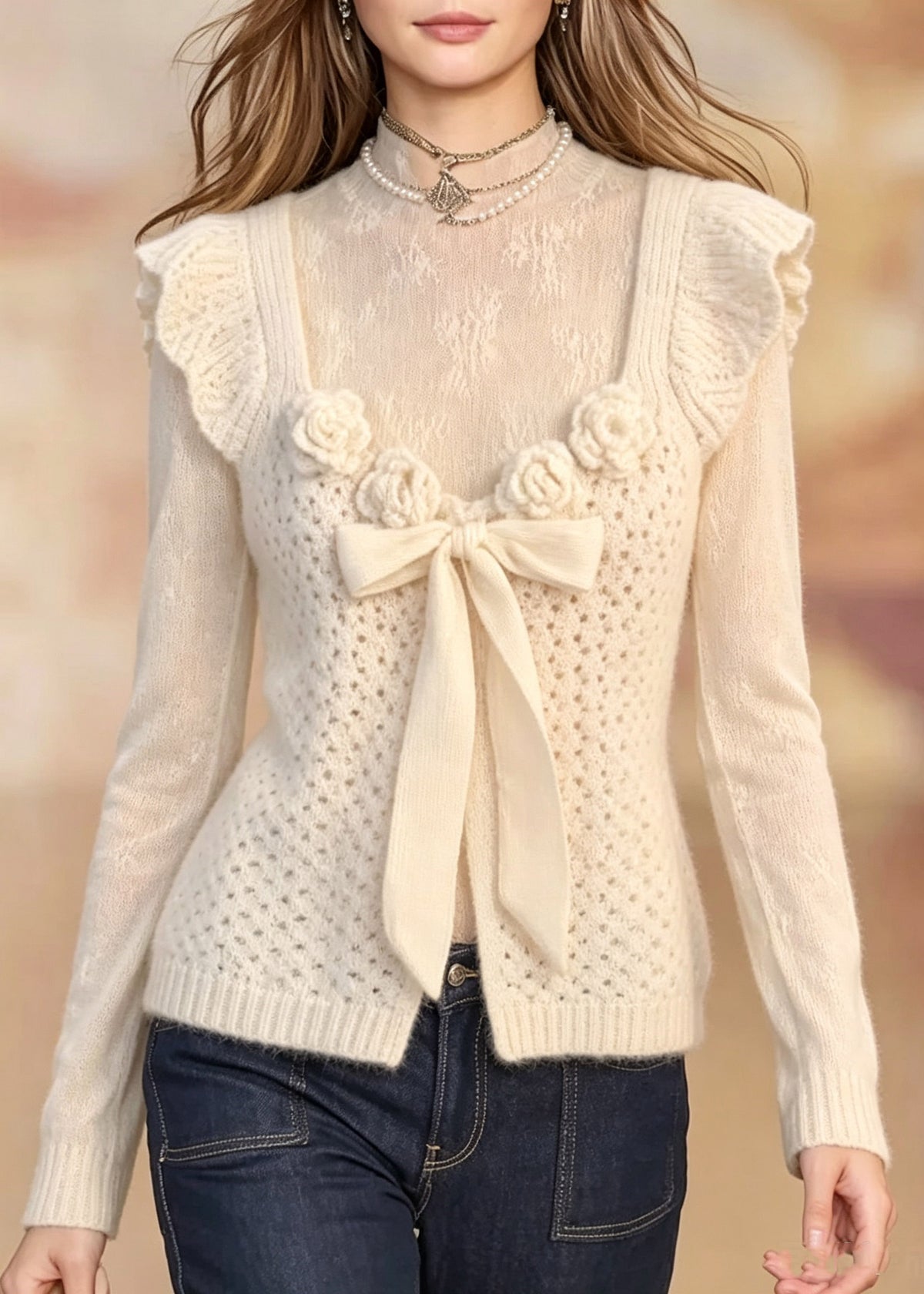 Fashion Beige U Neck Floral Bow Cotton Knit Waistcoat Fall