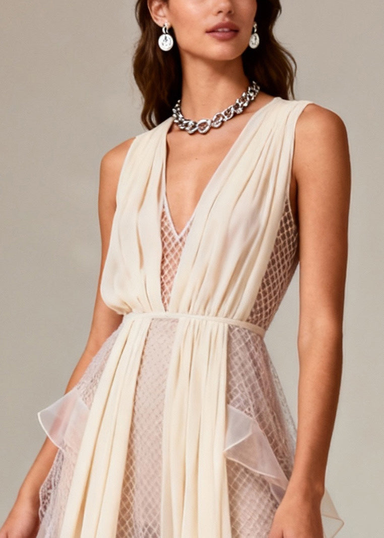 Fashion Beige V Neck Patchwork Mesh Long Dress Summer