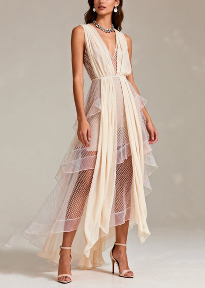 Fashion Beige V Neck Patchwork Mesh Long Dress Summer