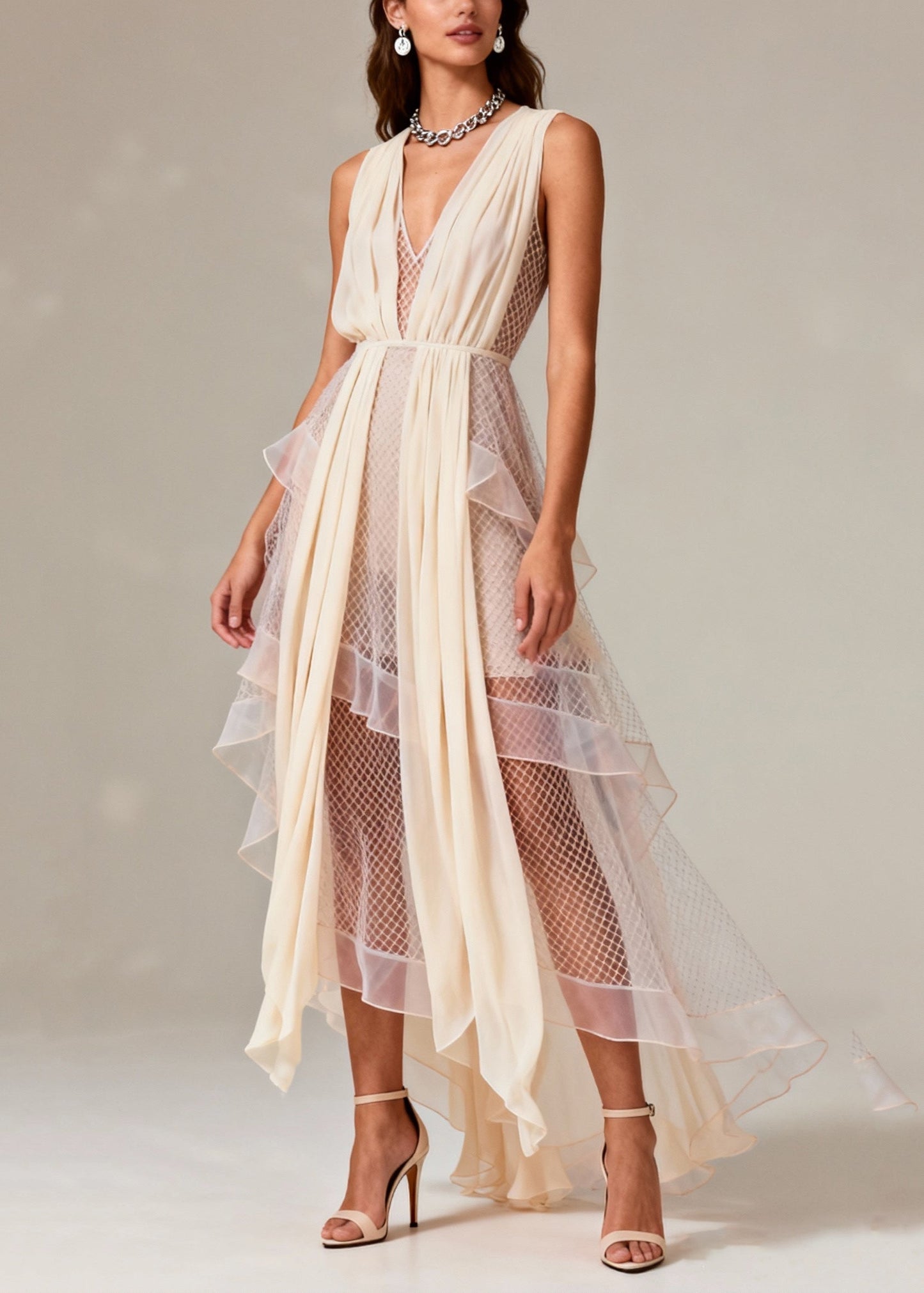 Fashion Beige V Neck Patchwork Mesh Long Dress Summer