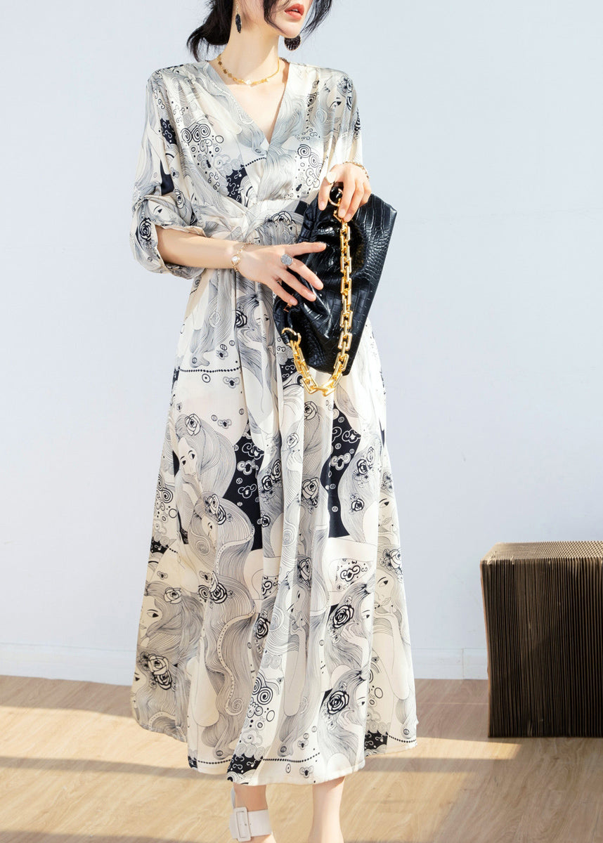 Fashion Beige V Neck Print Tie Waist Chiffon Maxi Dress Short Sleeve