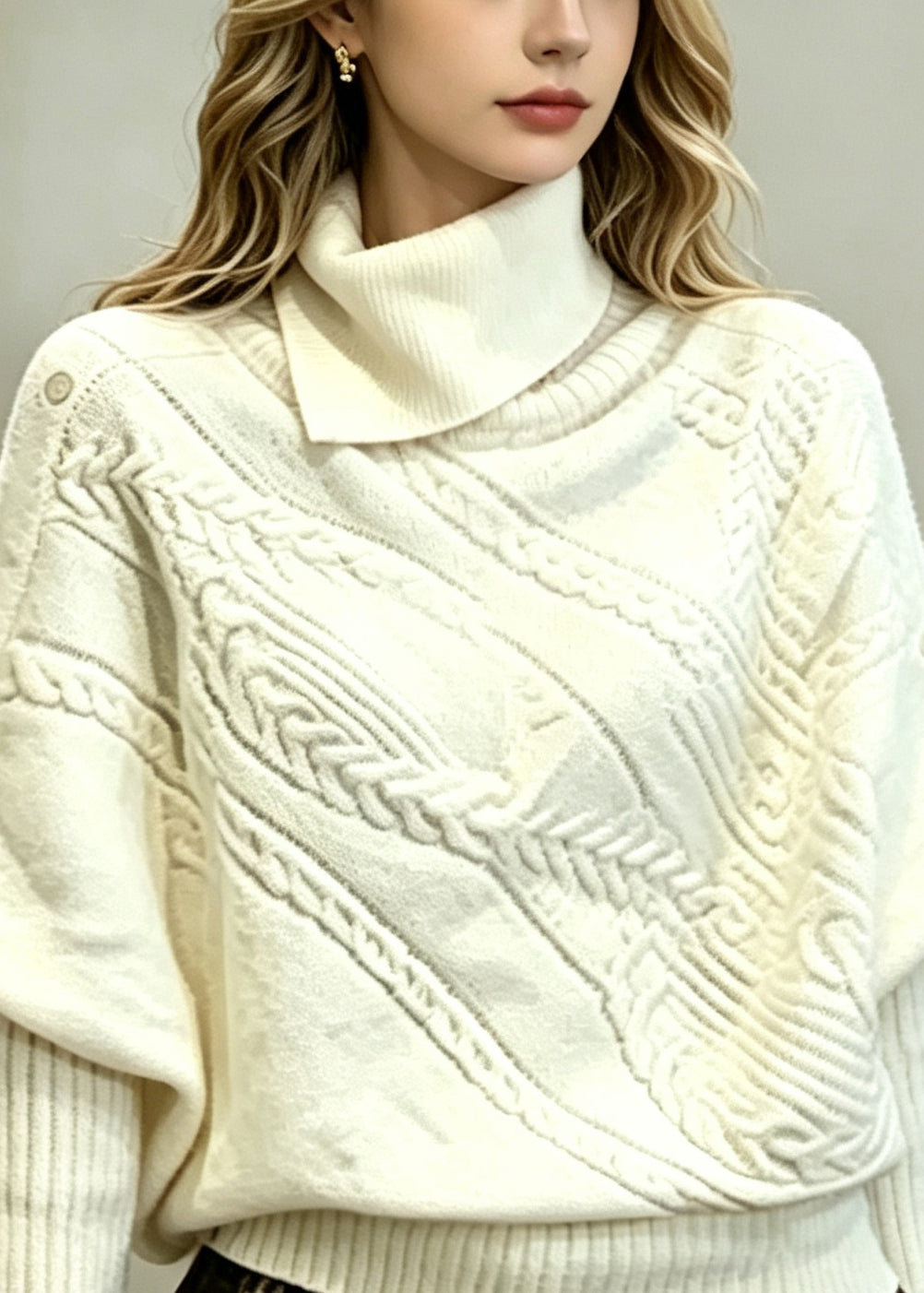 Fashion Beige White Turtleneck Knitted Tops Batwing Sleeve