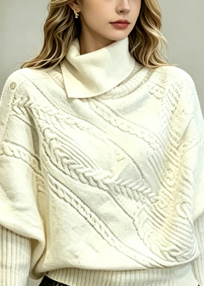 Fashion Beige White Turtleneck Knitted Tops Batwing Sleeve