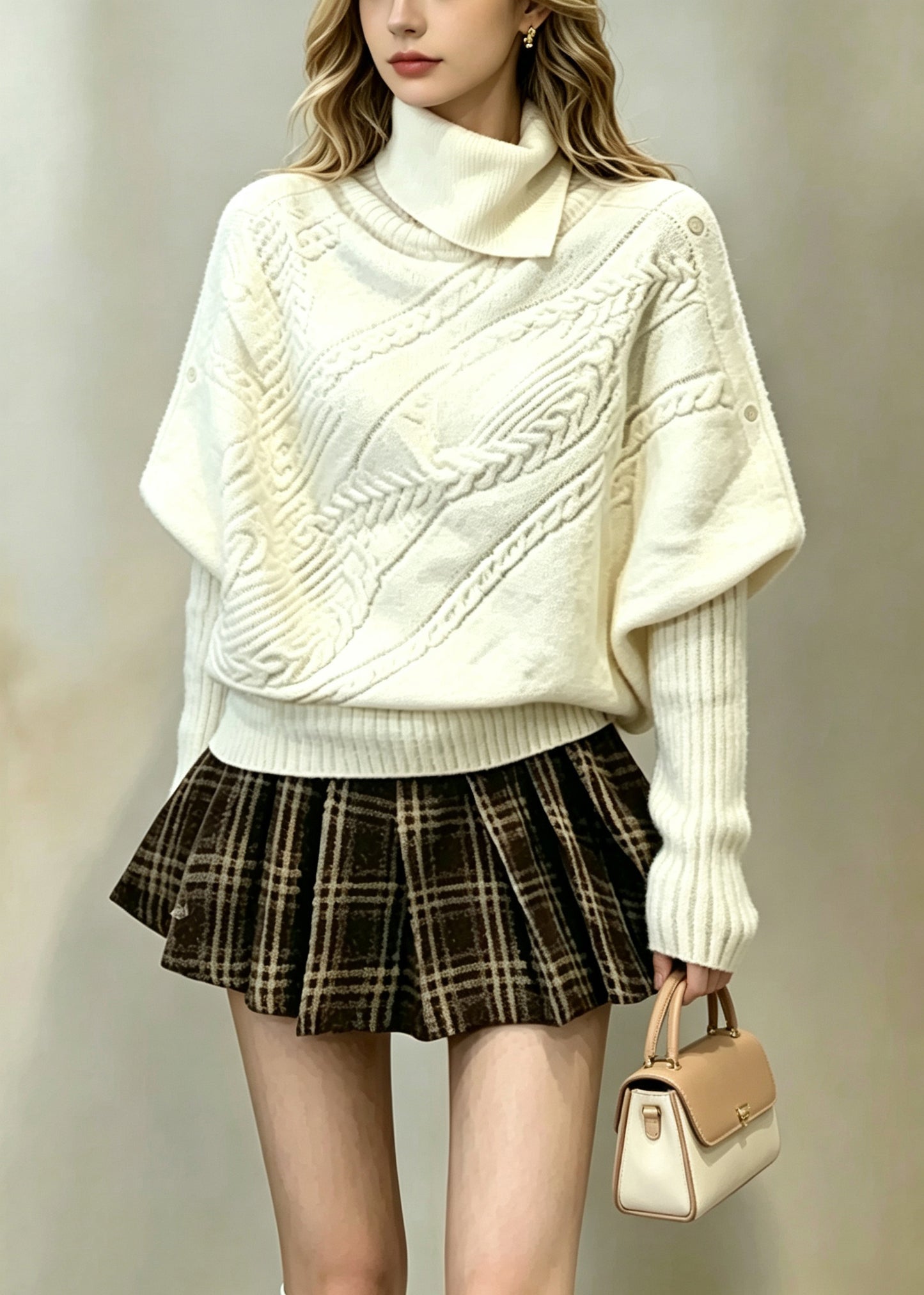 Fashion Beige White Turtleneck Knitted Tops Batwing Sleeve