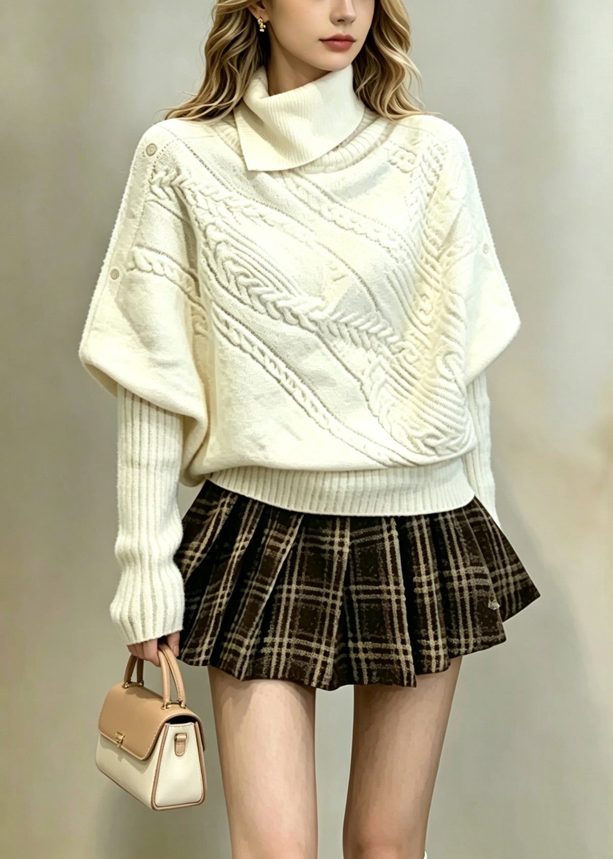 Fashion Beige White Turtleneck Knitted Tops Batwing Sleeve