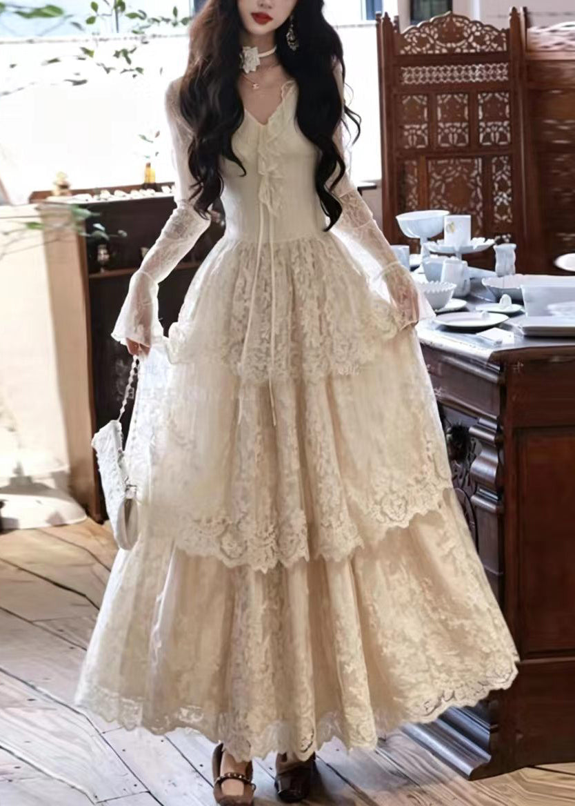 Fashion Beige White V Neck Ruffled Layered Lace Dresses Long Sleeve