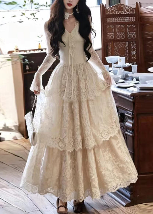 Fashion Beige White V Neck Ruffled Layered Lace Dresses Long Sleeve