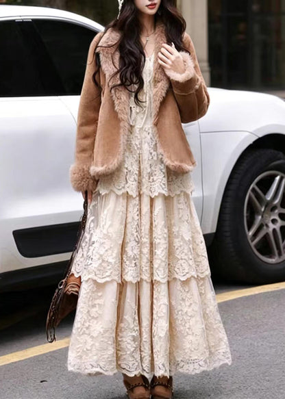 Fashion Beige White V Neck Ruffled Layered Lace Dresses Long Sleeve