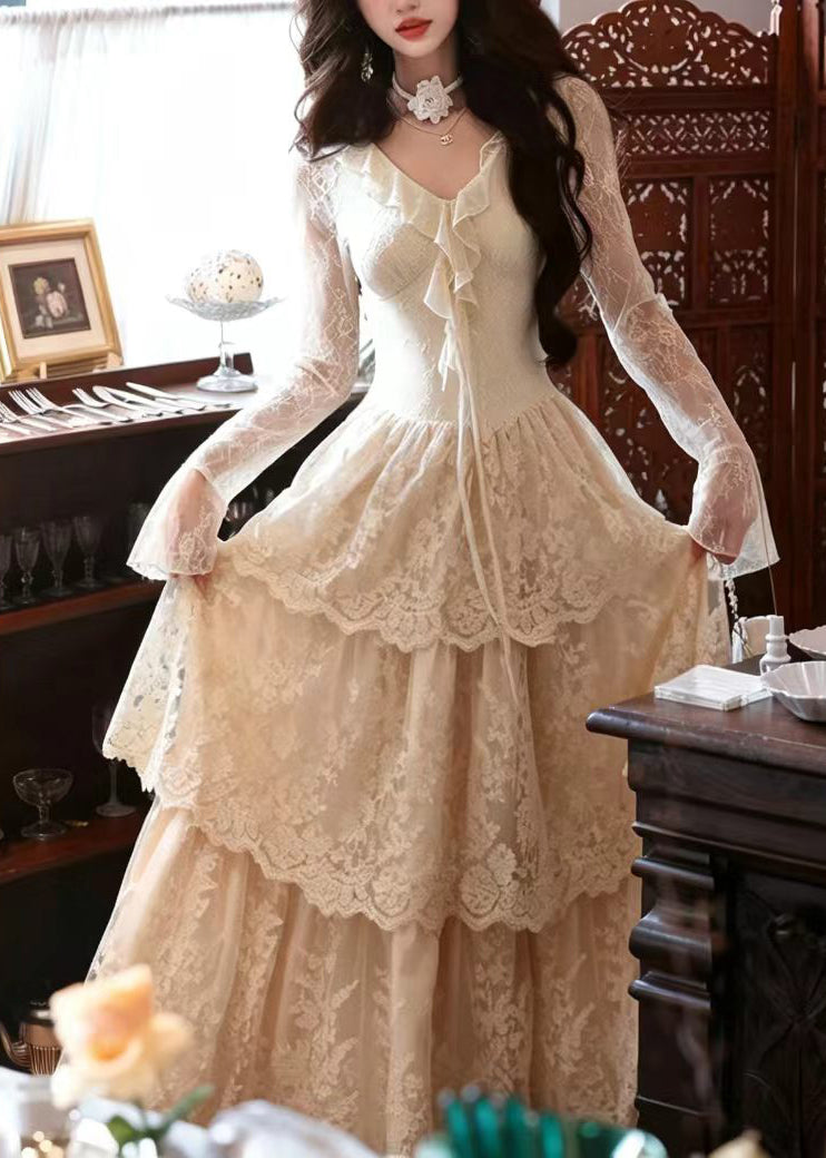 Fashion Beige White V Neck Ruffled Layered Lace Dresses Long Sleeve