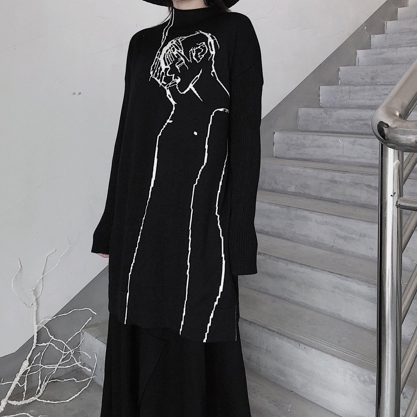 Fashion Black Abstract Portrait Knit Blouse High Neck Plus Size Clothing Knitwear - SooLinen