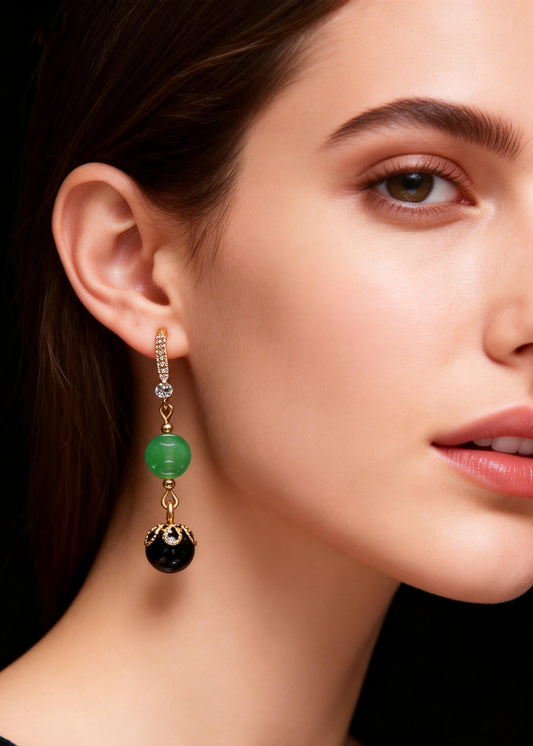 Fashion Black Agate Tassels Jade Drop Earrings