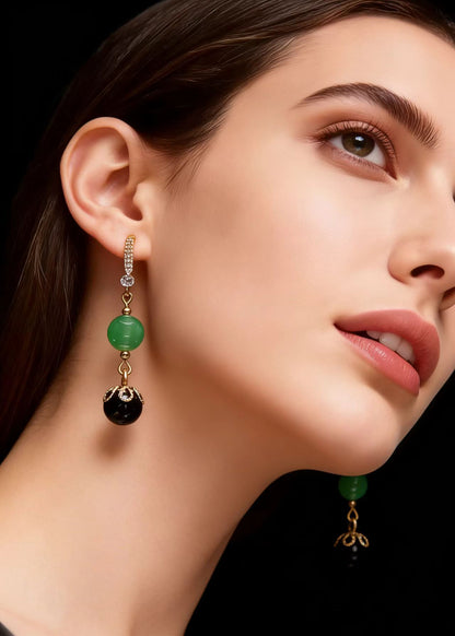 Fashion Black Agate Tassels Jade Drop Earrings