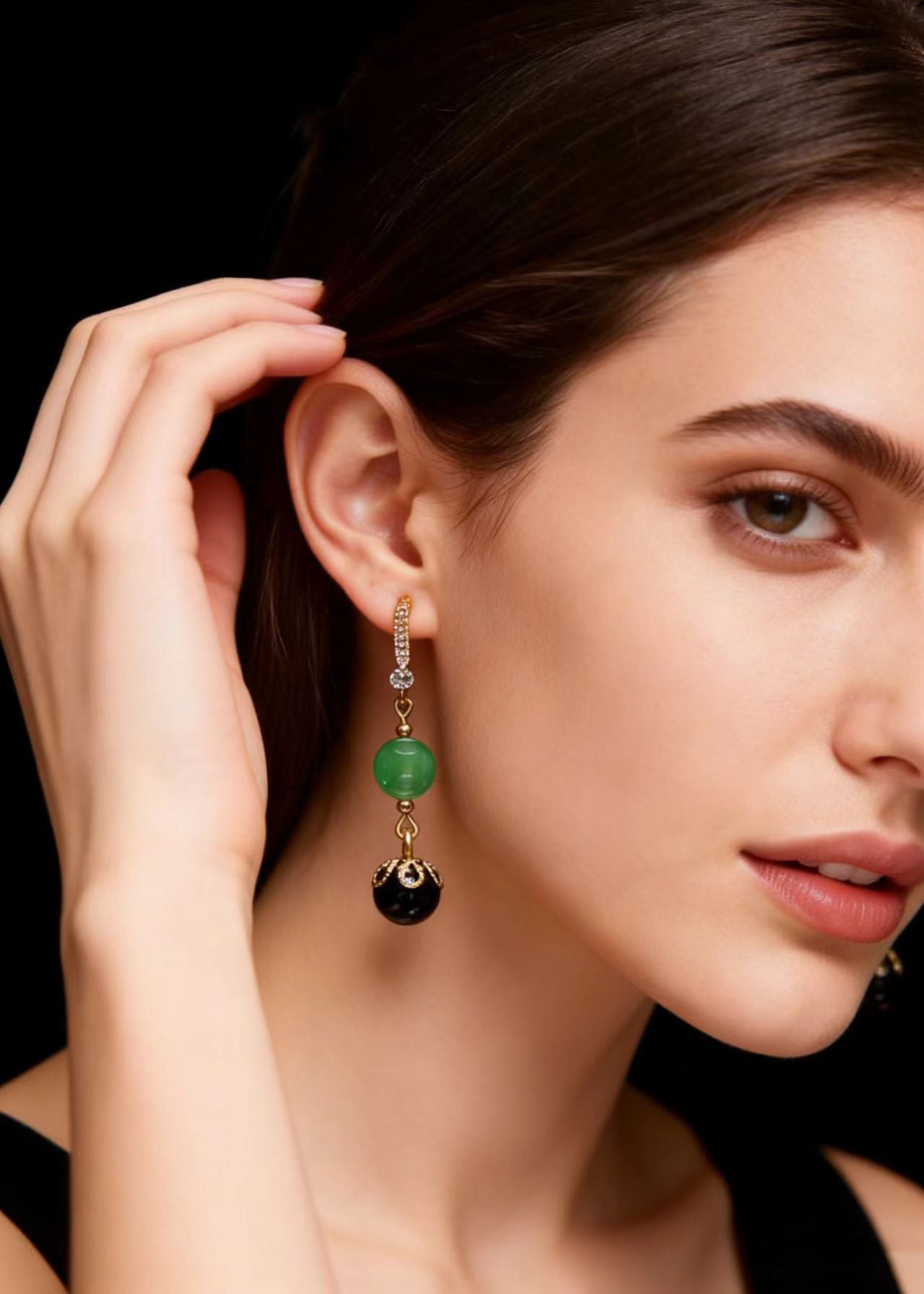Fashion Black Agate Tassels Jade Drop Earrings
