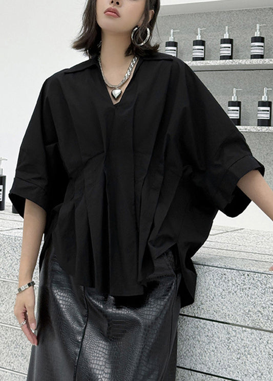 Fashion Black Asymmetrical Wrinkled Patchwork Cotton Blouses Summer