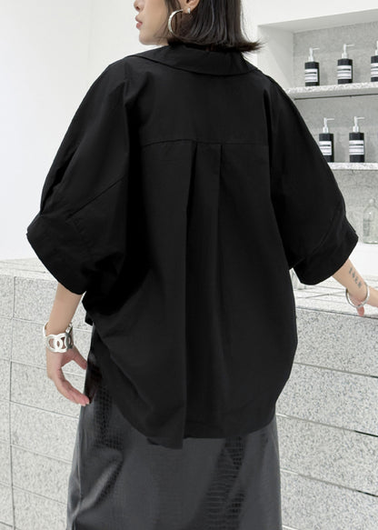 Fashion Black Asymmetrical Wrinkled Patchwork Cotton Blouses Summer