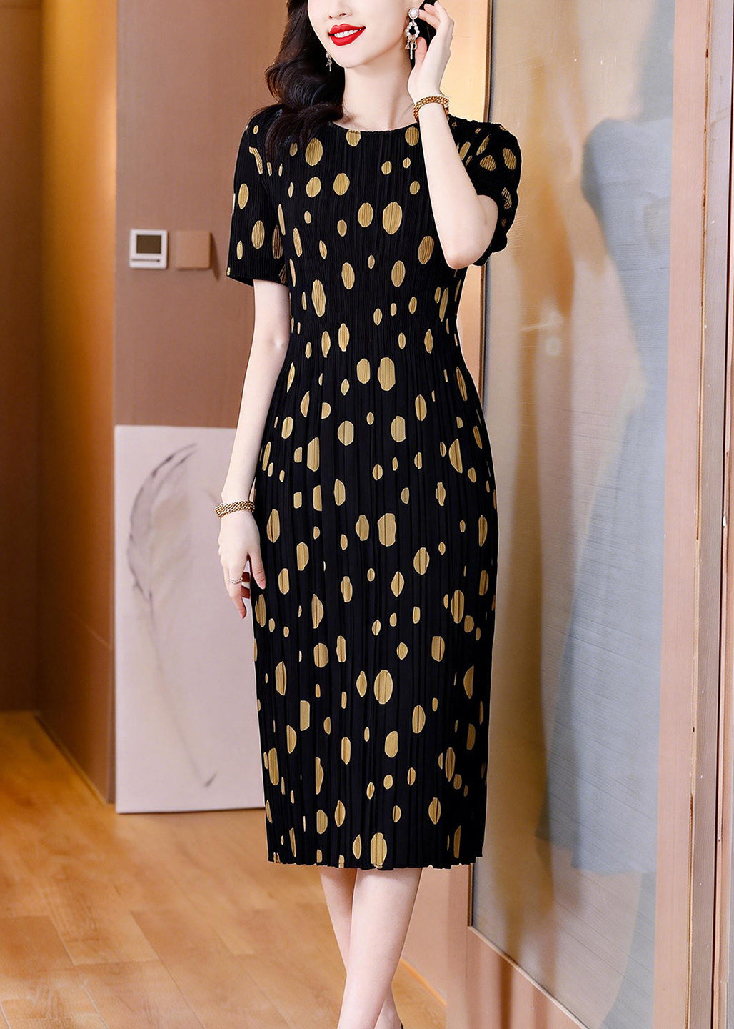 Fashion Black Cinched Dot Print Long Dresses Summer