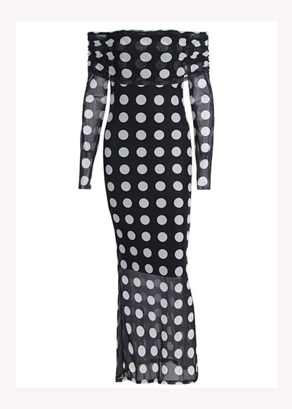 Fashion Black Cold Shoulder Dot Print Slim Tulle Dresses Spring