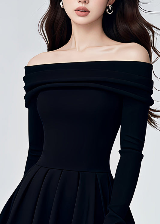 Fashion Black Cold Shoulder Knit A Line Mid Dresses Spring