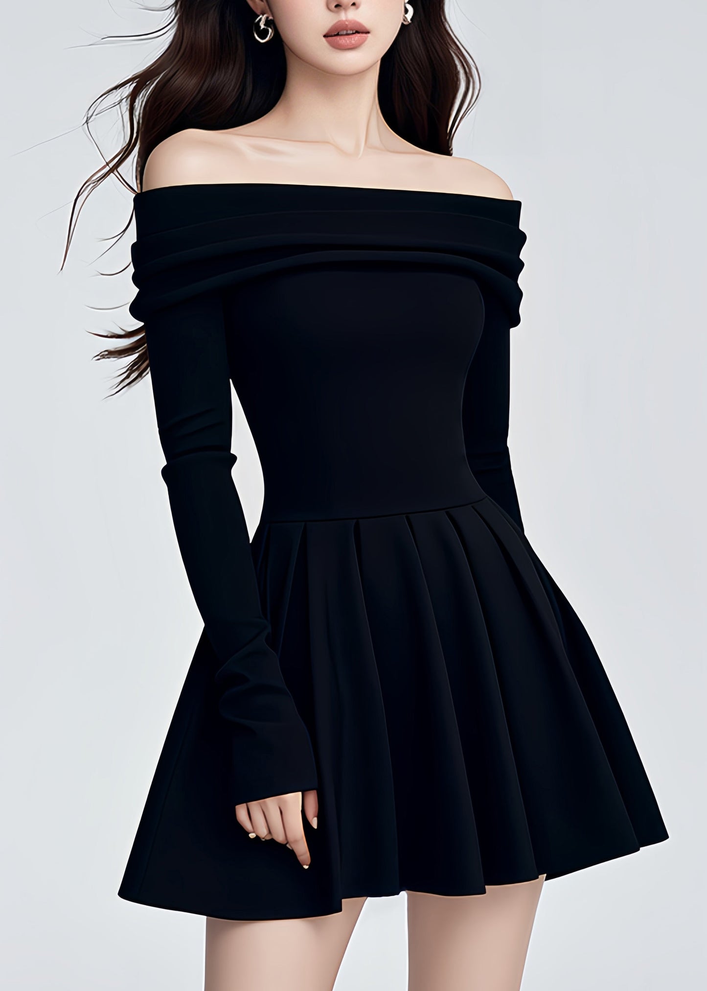 Fashion Black Cold Shoulder Knit A Line Mid Dresses Spring