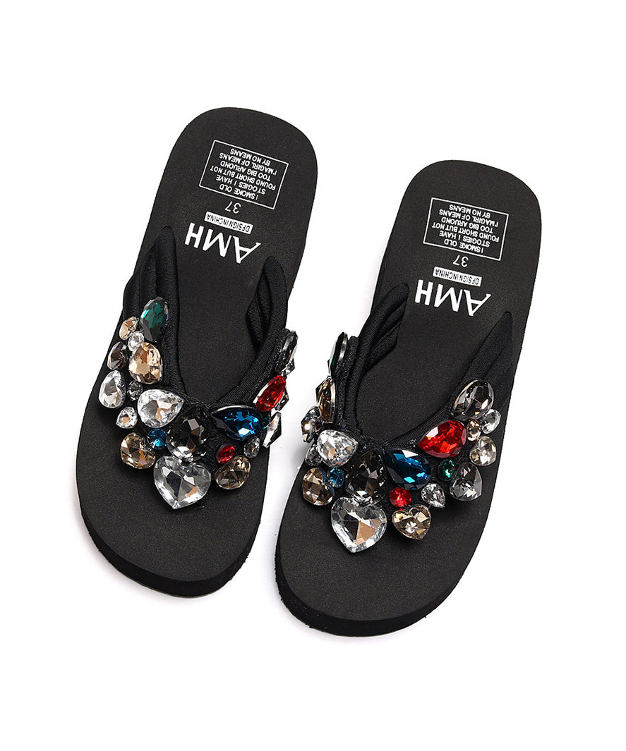 Fashion Black Cotton Fabric Flip Flops Splicing Zircon