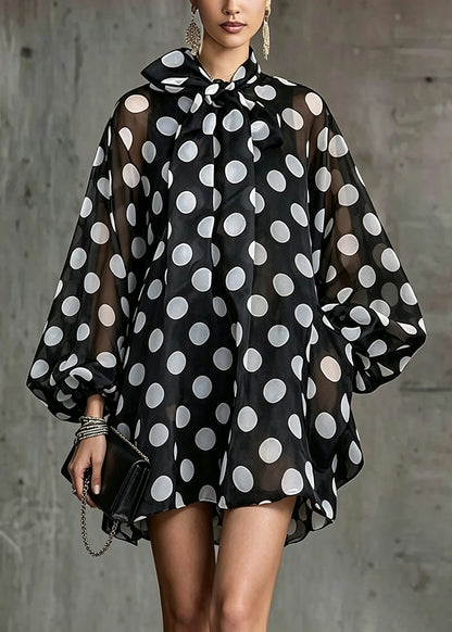 Fashion Black Dot Bow Collar Mini Dresses Lantern Sleeve