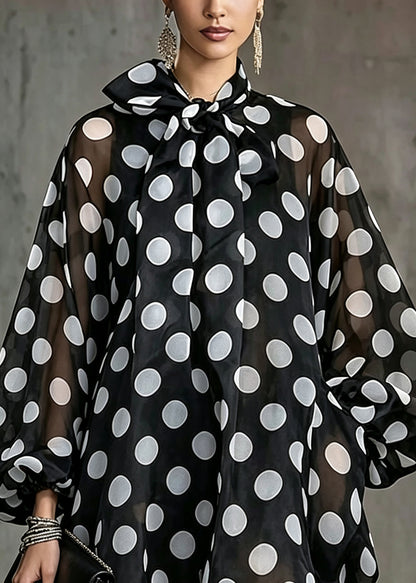 Fashion Black Dot Bow Collar Mini Dresses Lantern Sleeve