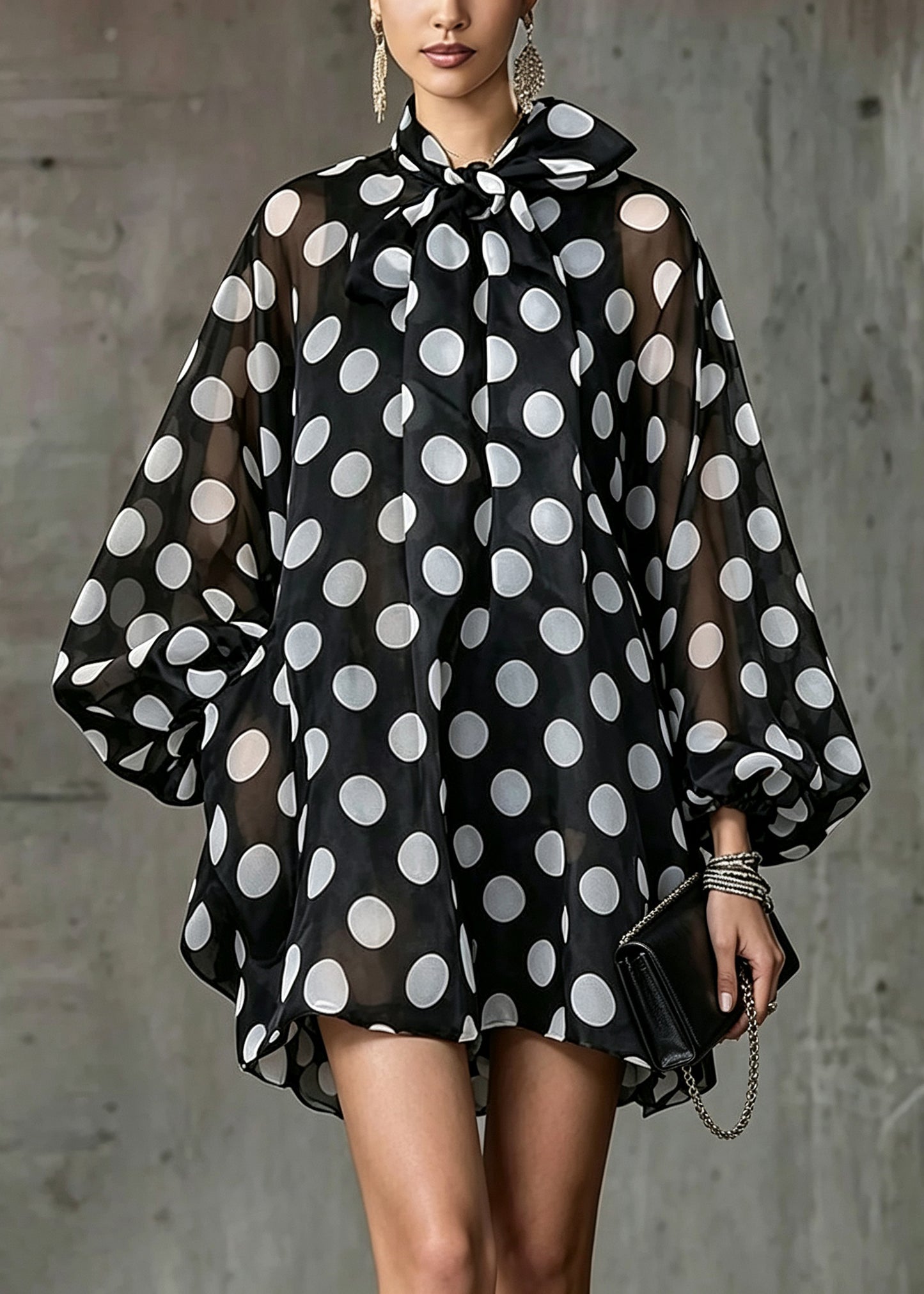 Fashion Black Dot Bow Collar Mini Dresses Lantern Sleeve