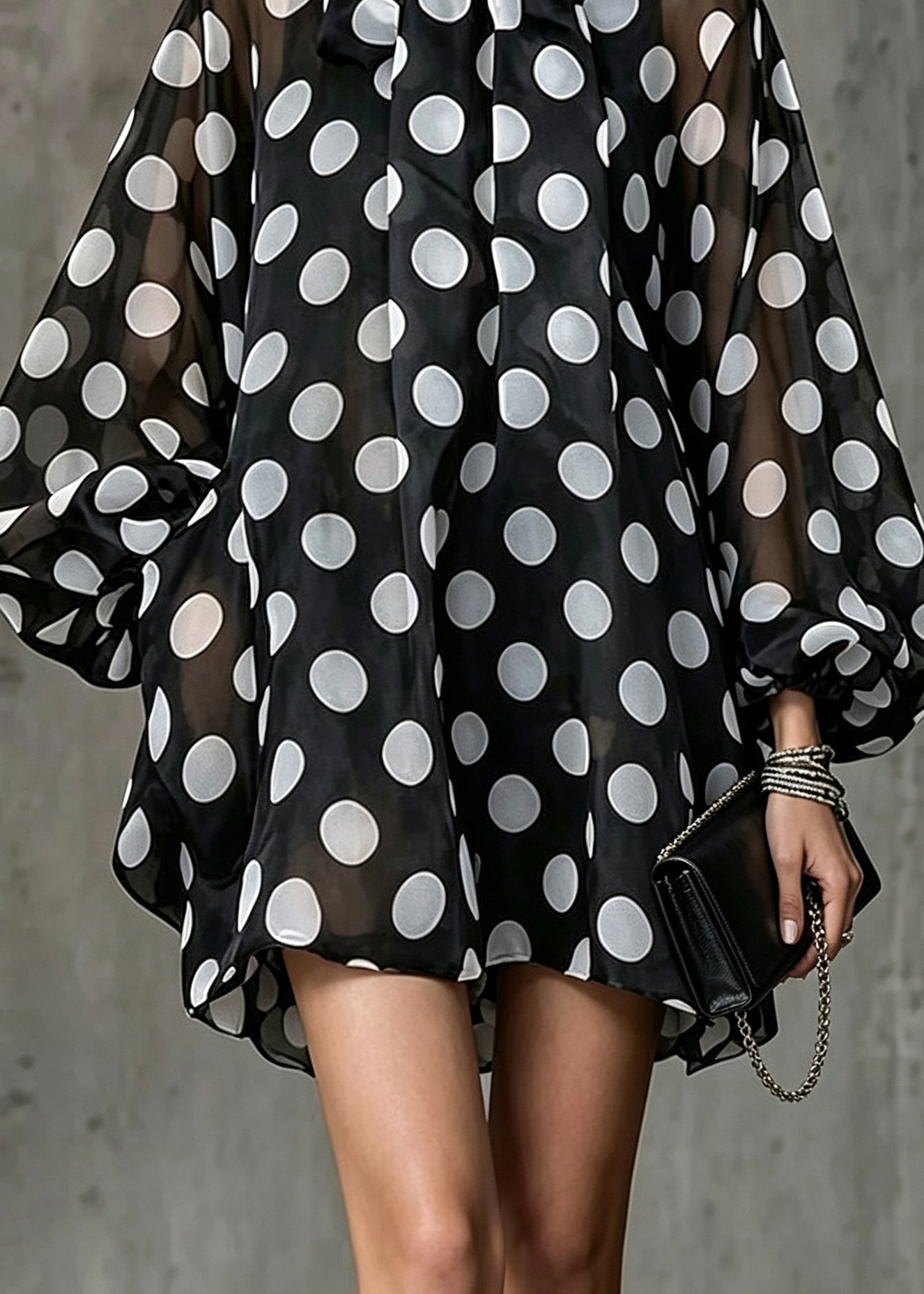 Fashion Black Dot Bow Collar Mini Dresses Lantern Sleeve