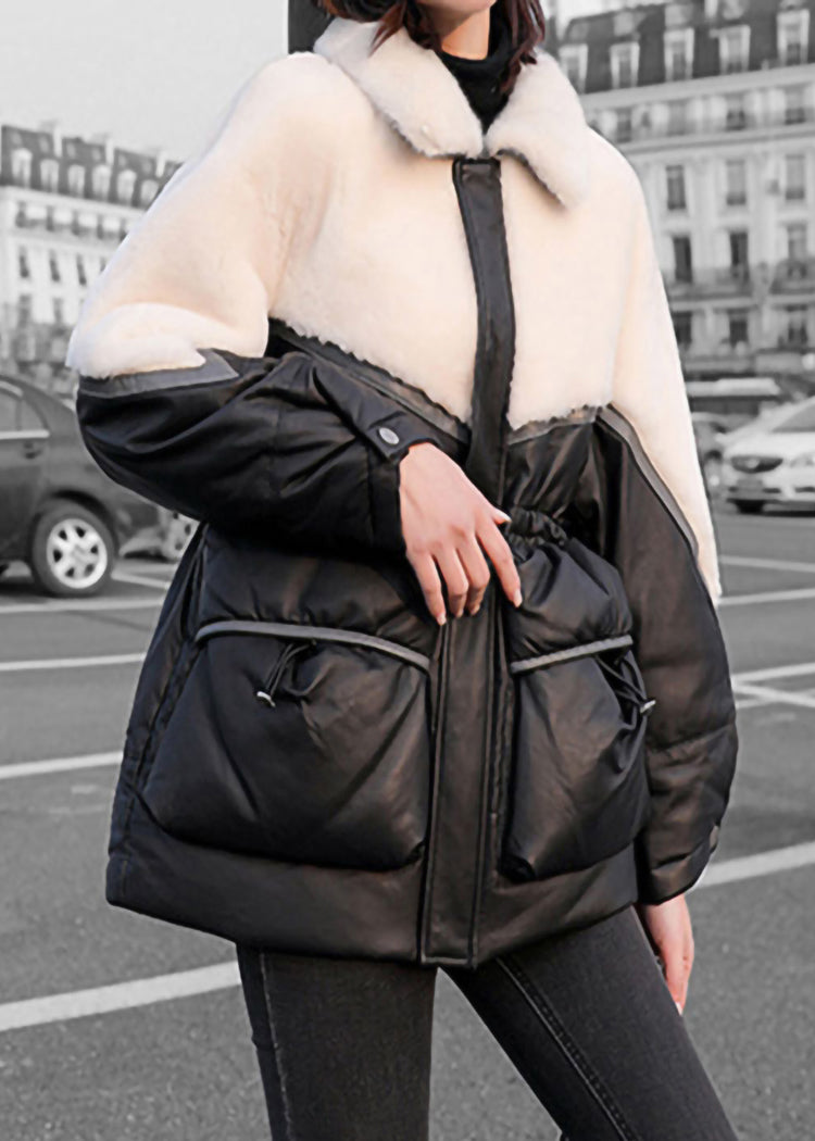 Fashion Black Drawstring Faux Fur Patchwork Duck Down Jacket In Winter