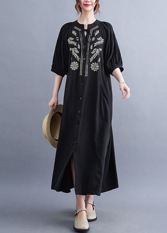 Fashion Black Embroideried Lace Up Cotton Maxi Dress Summer