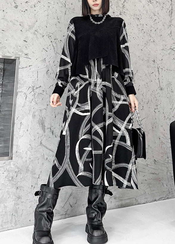 Fashion Black False Two Pieces Patchwork Cotton Dresses Spring