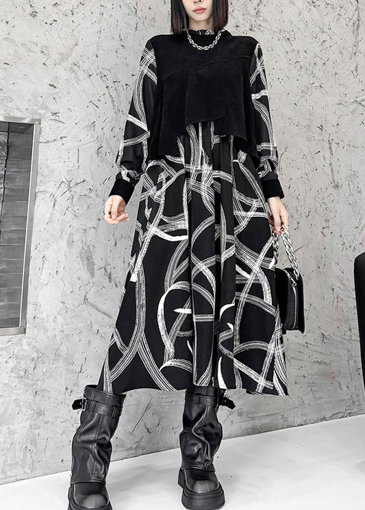 Fashion Black False Two Pieces Patchwork Cotton Dresses Spring