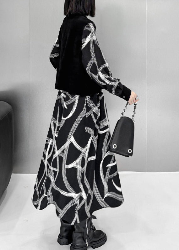 Fashion Black False Two Pieces Patchwork Cotton Dresses Spring