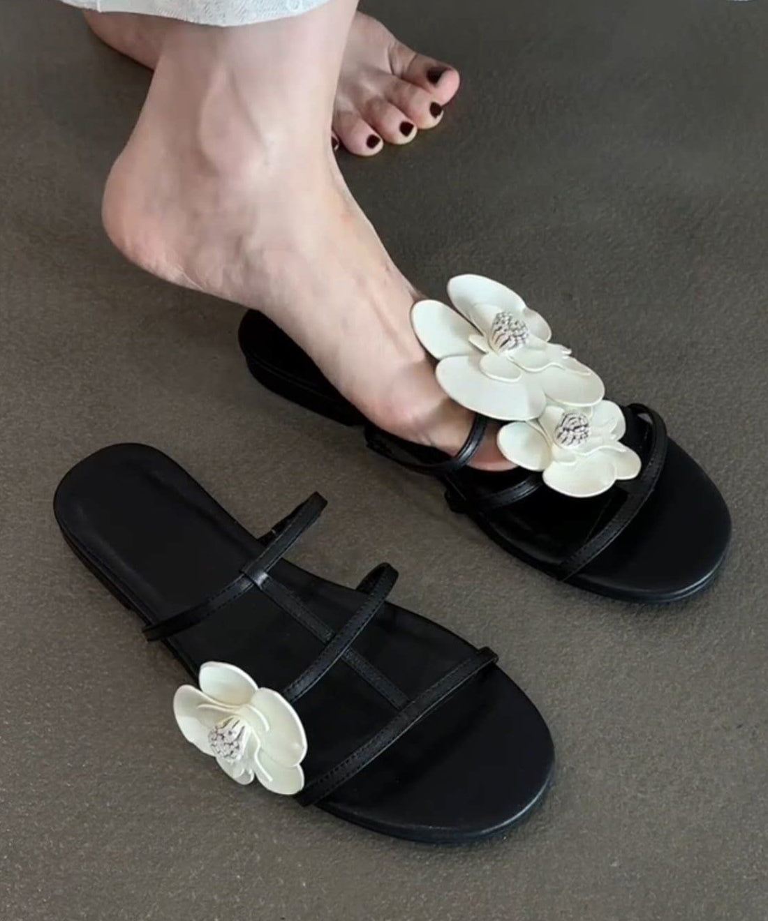 Fashion Black Floral Splicing Slide Sandals Peep Toe