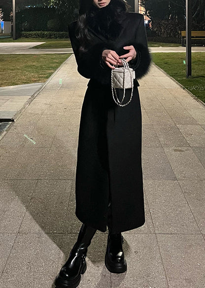 Fashion Black Fur Patchwork Woolen Fine Cotton Filled Coat Winter